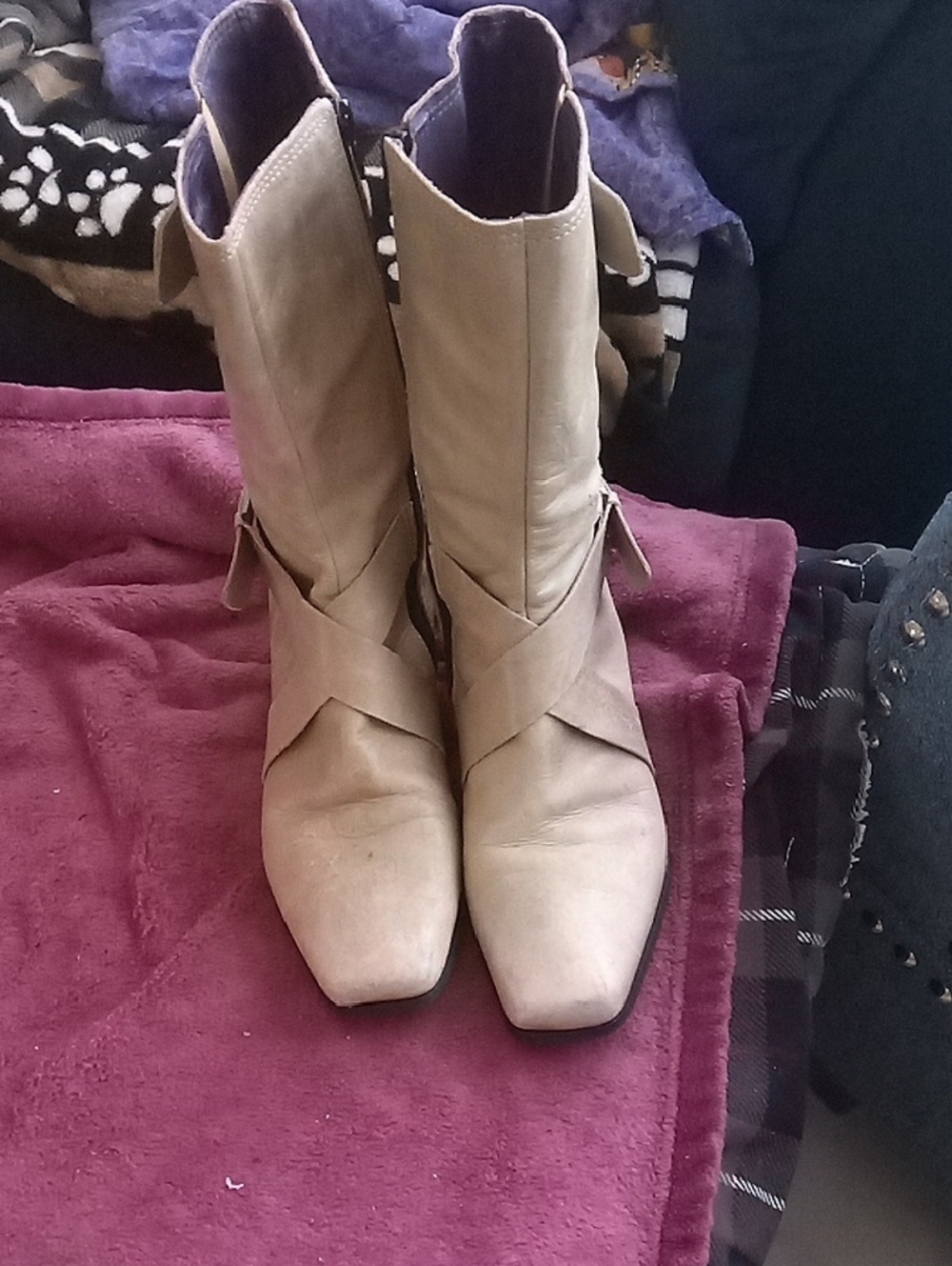 True Religion Taupe/Cream Mid-Calf Heeled Boots